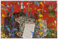 Angel Otero,<em> Mi Acuario, </em>2022. Oil paint and oil paint skins collaged on canvas, 95 x 142 x 1 1/2 inches.© Angel Otero. Courtesy the artist and Hauser & Wirth. Photo: Thomas Barratt.