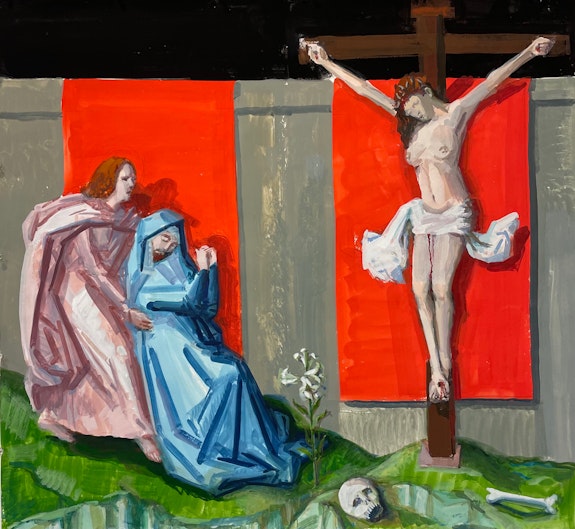 Tirtzah Bassel, <em>Miracle of the Menstruating Martyr (after Rogier van der Weyden)</em>, 2021. Gouache on paper, 26 x 28 inches. Courtesy Slag Gallery and the artist. Photo: Barry Rosenthal.