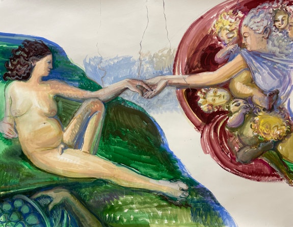 Tirtzah Bassel, <em>Born This Way (after Michelangelo Buonarroti)</em>, 2020. Gouache on paper, 42 x 32 inches. Courtesy Slag Gallery and the artist. Photo: Barry Rosenthal.