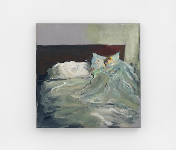 Carol Saft, <em>Under the covers with her iPhone</em>, 2021. Acrylic on canvas, 12 × 12 inches. Courtesy the artist and Canada Gallery.