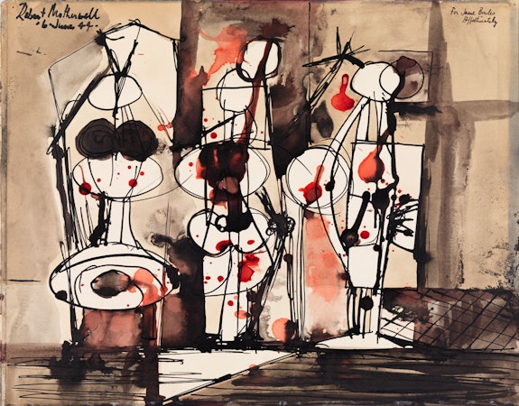 Robert Motherwell, <em>Three Figures Shot</em>, 1944. Pen and ink and ink wash on paper, 11 7/16 x 14 3/8 inches. Whitney Museum of American Art, New York. © 2022 Dedalus Foundation, Inc. / Artists Rights Society (ARS), NY.