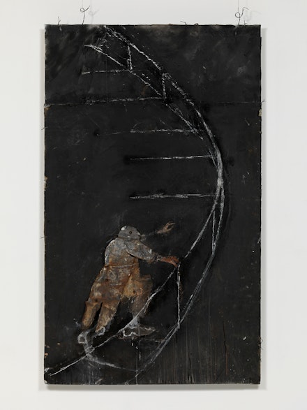 June Leaf, <em>Man with Coattails Climbing a Staircase</em>, 2018. Acrylic, chalk, gouache, on paper mounted on tin plate, galvanized sheet metal relief and wire, 69 3/8 x 42 x 3 5/8 inches. © June Leaf. Courtesy Ortuzar Projects. Photo: Dario Lasagni.