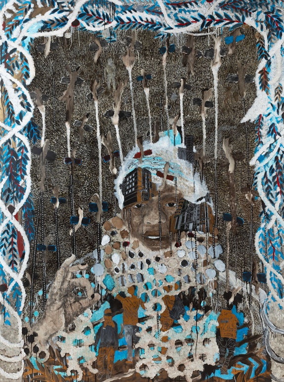 Omar Ba, <em>Sons of God before their destiny</em>, 2022. Acrylic, pencil, oil, Indian ink, and Bic pen on canvas, 78 6/8 × 59 inches. Courtesy the artist and Templon, Paris - Brussels - New York. Photo: Laurent Edeline.
