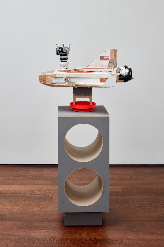 Tom Sachs, <em>Photon Drive</em>, 2022. ConEd barrier, epoxy resin, steel hardware. 15 x 32 x 25 inches. Courtesy the artist and Acquavella Galleries. Photo: Kent Pell. 