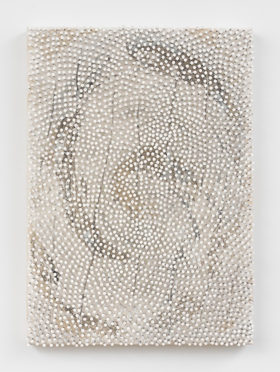 Günther Uecker, <em>Shield </em>, 2022. Paint, nails, and graphite on canvas laid down on wood, 413/8 x 291/2 inches. © Artists Rights Society (ARS), New York / VG Bild-Kunst, Bonn. Courtesy LGDR .