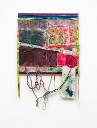 Brianne Garcia, <em>fertile ground</em>, 2022. Acrylic, acrylic medium, dye, rope, ribbon, thread, staples, on canvas; mounted on cradled wood panel. 46 x 30 x 1 inches. Courtesy of Daniel Terna and Nina Johnson Gallery / Kapp Kapp 