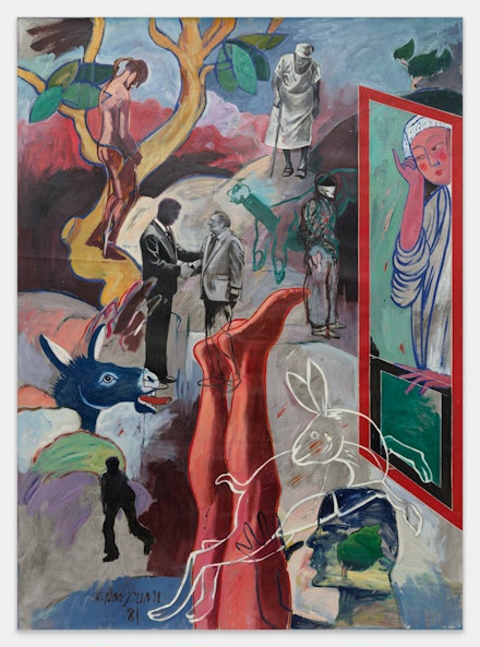 Nicky Nodjoumi, <em>Garden View</em>, 1981. Oil on canvas, 52 x 72 inches. Courtesy the artist and Helena Anrather, New York.