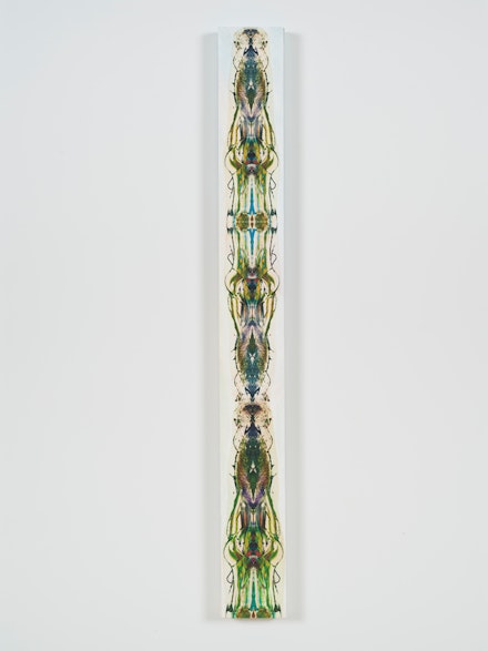Philip Taaffe, <em>Columnar Figure V (The Marrow of the Sword)</em>, 2022. Mixed media on panel, 48 x 5 1/4 inches. © Philip Taaffe; Courtesy the artist and Luhring Augustine, New York. Photo: Farzad Owrang.