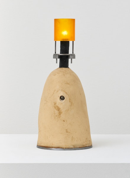 David Lynch, <em>White Table Top Lamp</em>, 2022. Cold-rolled steel, plaster, resin. 13-3/4 × 6 × 6 inches. © David Lynch, courtesy Pace Gallery. 