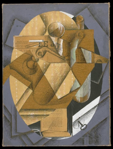 Juan Gris, <em>Still Life: The Table</em>, 1914. Collage of plain and printed papers with opaque watercolor and crayon, on paper mounted on canvas, 23 1/2 x 17 1/2 inches. Philadelphia Museum of Art: A. E. Gallatin Collection, 1952.