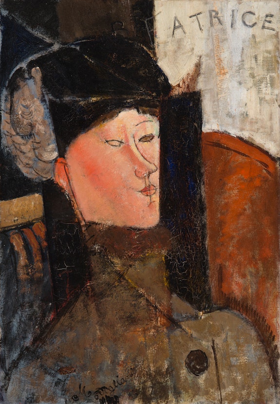  Amedeo Modigliani, <em>Beatrice, (Portrait de Béatrice Hastings)</em>, 1916. Oil with newsprint on canvas. Courtesy the Barnes Foundation. 