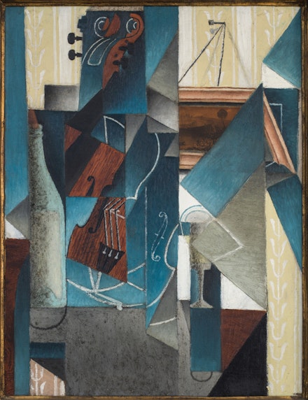Juan Gris, <em>Violin and Engraving</em>, 1913. Oil, sand, collage on canvas, 25 5/8 × 19 5/8 inches. Leonard A. Lauder Cubist Collection, Purchase, Leonard A. Lauder Gift, 2022.