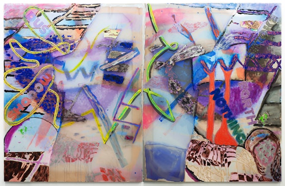Gaby Collins-Fernández, <em>Is That All There Is To Scrabble</em>, 2022. Oil and acrylic paint, digital photocollage print on beach towel and chiffon, 68 x 104 inches (2 panels, each 68 x 52 inches). Courtesy the artist and anonymous gallery.