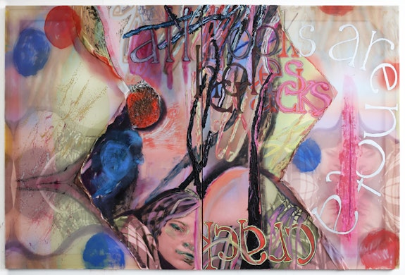 Gaby Collins-Fernández, <em>Fracture Mechanics</em>, 2022. Oil and acrylic paint, digital photocollage print on beach towel and chiffon, 68 x 104 inches (2 parts, each 68 x 52 inches). Courtesy the artist and anonymous gallery.