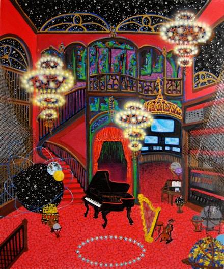 Michiko Itatani, <em>“Cosmic Returning” painting from Quantum Chandelier 21-C-02, 2021</em>, oil on canvas, 72 x 60 inches. Courtesy the artist.