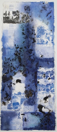 Adebunmi Gbadebo, <em>Production 3, </em>2022. Black hair, cotton, rice paper and Indigo dye, 84 x 36 inches. Courtesy the artist and Claire Oliver Gallery.
