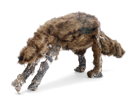 Joan Brown, <em>Fur Rat, </em>1962. Wood, chicken wire, plaster, string, nails, and raccoon fur, 20 1⁄2 x 54 x 12 inches. University of California, Berkeley Art Museum and Pacific Film Archive, gift of Joan Brown.