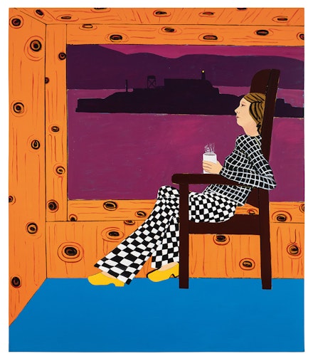 Joan Brown, <em>The Night before the Alcatraz Swim, </em>1975. Oil enamel on canvas, 84 x 72 inches. GUC Collection, Highland Park, Illinois.