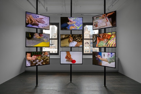 Eve Fowler, <em>Labor</em>, 2023. 9-channel video installation, Dimensions variable with installation, 20 videos, each 3 minutes. Courtesy Gordon Robichaux, NY and Morán Morán, Los Angeles. Photo: Greg Carideo.