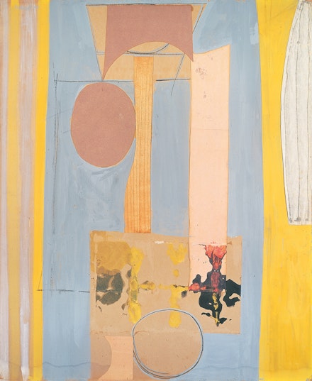 Robert Motherwell, <em>Mallarmé's Swan</em>, 1942-1944. Gouache, pasted wood veneer, pasted sandpaper, pasted papers, crayon, charcoal, and ink on cardboard, 43 ½ x 35 ½ in. Cleveland Museum of Art. Contemporary Collection of The Cleveland Museum of Art 1961.229. © 2023 Dedalus Foundation Inc. / Licensed by Artists Rights Society (ARS), NY.