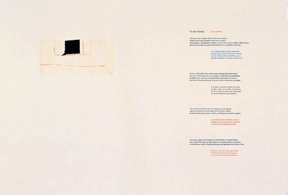 Robert Motherwell, <em>A la Pintura: To the Palette</em>, 1972. Color lift-ground aquatint and soft ground etching from two copper plates, with letterpress, on white wove paper, 25 ½ x 38 in. Dedalus Foundation. © 2023 Dedalus Foundation Inc. / Licensed by Artists Rights Society (ARS), NY.
