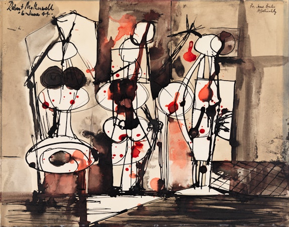 Robert Motherwell, <em>Three Figures Shot</em>, 1944. Ink on paper, 11 3/8 x 14 ½ in. Whitney Museum of American Art, New York. Purchase, with funds from the Burroughs Wellcome Purchase Fund and the National Endowment for the Arts. © 2023 Dedalus Foundation Inc. / Licensed by Artists Rights Society (ARS), NY.