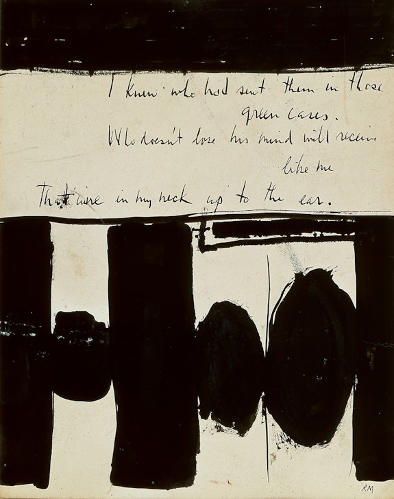 Robert Motherwell,  <em>Elegy to the Spanish Republic No. 1 </em>, 1948. Ink on paper 10 ¾ x 8 ½ in. The Museum of Modern Art, New York. Gift of the artist. © 2023 Dedalus Foundation Inc. / Licensed by Artists Rights Society (ARS), NY.