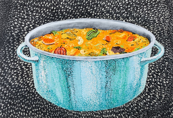 Didier William, <em>Soup Joumou</em>, 2020. Acrylic, ink, wood carving on panel, 22 x 32 inches. Courtesy James Fuentes Gallery.
