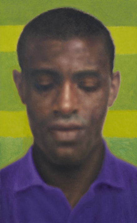 Y.Z. Kami, <em>Isaac in Purple Shirt</em>, 2022. Oil on linen, 58 1/2 x 36 inches. Courtesy the artist and Gagosian Gallery.