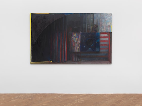 Installation view: <em>R.H. Quaytman</em> at Glenstone, <em>The Sun Does Not Move [Dear Johns], Chapter 35,</em> 2019. Singularity black, oil, gouache, silkscreen ink, gesso on wood. 84 in x 52 3⁄8 inches. Courtesy the artist and Glenstone, MD. © R.H. Quaytman. Photo: Ron Amstutz.
