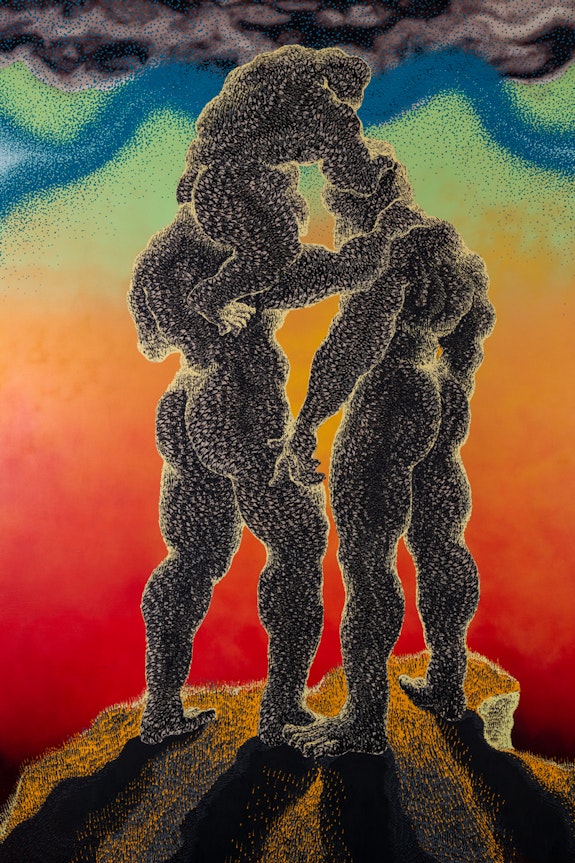 Didier William, <em>Just Us Three</em>, 2021. Acrylic, oil, wood carving on panel, 104 x 68 inches. Courtesy James Fuentes Gallery.