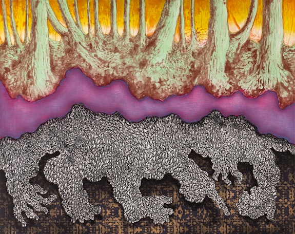 Didier William, <em>Cursed Grounds: Blessed Bones</em>, 2022. Multiplate color intaglio. 44 x 35 5/8 inches,. Courtesy James Fuentes Gallery.