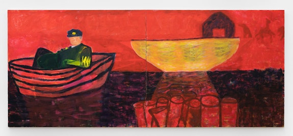 Katherine Bradford,<em> Mutiny</em>, 2020. Acrylic on canvas, diptych: 68 x 160 inches. Courtesy Canada Gallery. 