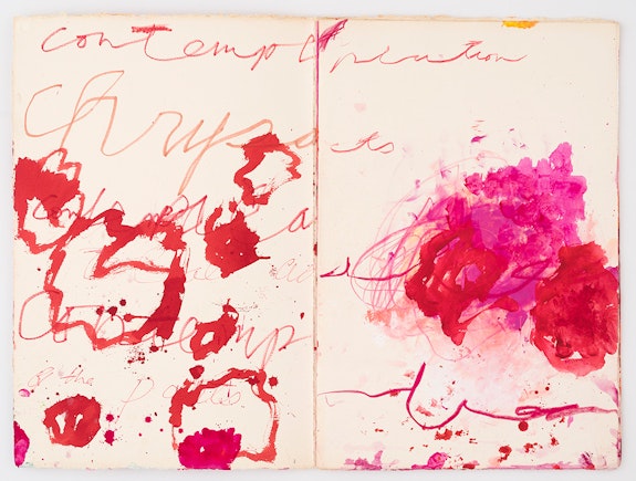 Cy Twombly, <em>Untitled (Contemplation of the Chrysanthemum)</em>, 1984–2002. Acrylic and wax crayon, pen, and pencil on handmade paper, in unbound handmade book, 20 pages, each page (approximately): 22 3/4×15 1/8 inches. Courtesy Gagosian.