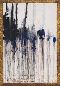 Cy Twombly, <em>Untitled (Winter Picture)</em>, 2004. Acrylic on plywood panel, in artist’s frame, 98 7/8 × 69 3/4 × 2 3/4 inches. Courtesy Gagosian.