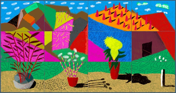David Hockney, <em>August 2021, Landscape with Shadows</em>, 2021. Twelve iPad paintings comprising a single work, printed on paper, mounted on Dibond, 42 1/2 × 80 3/4 inches. © David Hockney, Courtesy Pace Gallery.