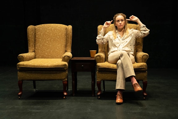 Emily Cass McDonnell in <em>The Thin Place</em> by Lucas Hnath, directed by Les Waters, at Playwrights Horizons. Photo: Joan Marcus.