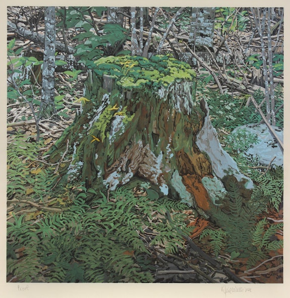Neil Welliver, <em>Stump,</em> 2000. Woodcut on Nishinouchi, 35 x 34 inches (sheet). Courtesy the artist and Alexandre Gallery.