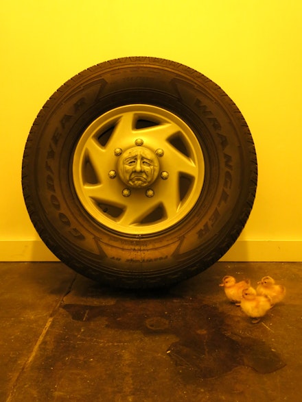Jonathan Santoro, <em>The Four Horsemen (Lonely),</em> Cold-cast urethane, glass eyes, modified Goodyear Tire, cast and pigmented RTV rubber, taxidermy ducklings, tubing for water element, 2022. Courtesy the artist and PEEP Projects.