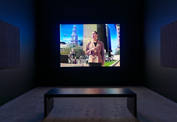 Andrea Fraser, <em>Welcome to the Wadsworth: A Museum Tour</em>, 1991. SD video converted to HD video, color, sound; 26 min. 12 sec. Courtesy the artist and Marian Goodman Gallery. Copyright: Andrea Fraser. Photo: Alex Yudzon.