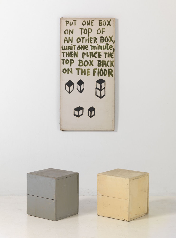 Walter De Maria, <em>Put One Box on Top of Another Box, Wait One Minute, Then Place the Top Box on the Floor,</em> 1961. Oil on canvas, wood, and paint, dimensions variable. The Menil Collection, Houston. © The Estate of Walter De Maria. Courtesy Gagosian. Photo: Robert McKeever. 