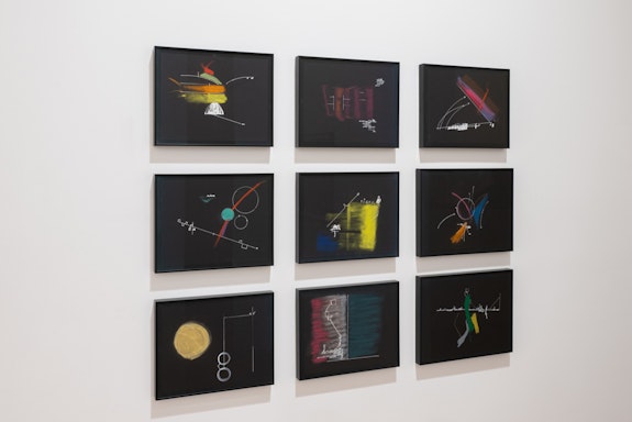 Renee Gladman, <em>Slowly We Have the Feeling: Scores</em>, 2019-22. Pastel and pigment on paper (grid of nine), dimensions variable. Courtesy Artists Space, New York. Photo: Filip Wolak. 