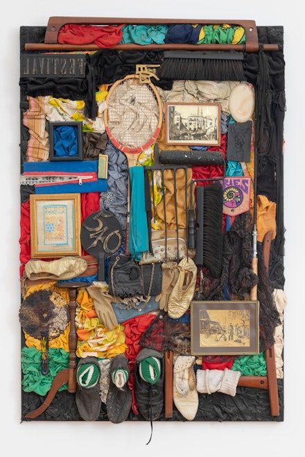 Noah Purifoy, <em>Rags & Old Iron I (after Nina Simone)</em>, 1989. Mixed media assemblage, 62 1/2 x 42 x 6 inches. Courtesy Tilton Gallery, New York.