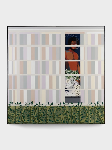 Derrick Adams, <em>Man</em>, 2022. Acrylic and fabric collage on paper on wood panel, 95 3/4 x 95 1/2 x 2 inches. Courtesy the artist and LGDR.
