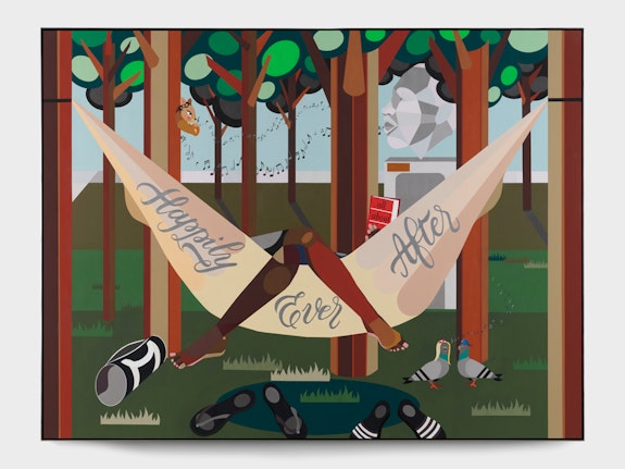 Derrick Adams, <em>JUST</em>, 2022. Acrylic on wood panel, 95 x 71 7/8 inches. Courtesy the artist and LGDR.