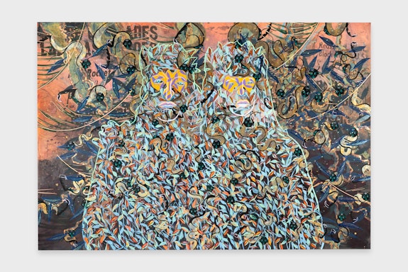 Tammy Nguyen, <em>My Guide and I</em>, 2023. Watercolor, vinyl paint, pastel, and metal leaf on paper stretched over panel, 48 x 70 inches. Courtesy the artist and Lehmann Maupin, New York, Hong Kong, Seoul, and London.