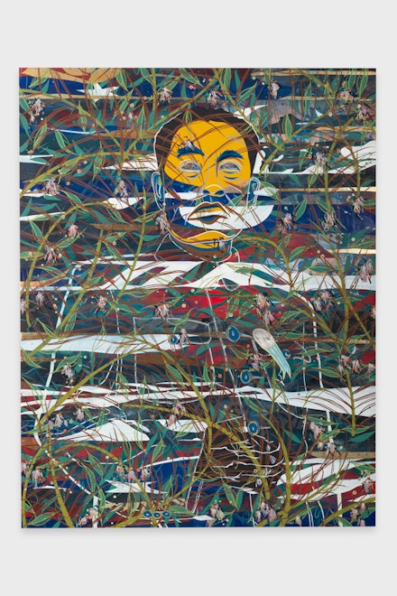 Tammy Nguyen, <em>And I Following</em>, 2023. Watercolor, vinyl paint, pastel, rubber stamping, and metal leaf on paper stretched over panel, 90 x 60 inches. Courtesy the artist and Lehmann Maupin, New York, Hong Kong, Seoul, and London.