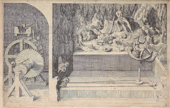 Grotto design with automata from Salomon de Caus' Les raisons des forces mouvantes, 1615. 