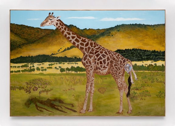 Leidy Churchman, <em>Giraffe Birth</em>, 2017. Oil on linen, 51 1/2 x 75 1/2 inches. © Leidy Churchman. Courtesy Matthew Marks Gallery.