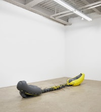 Bat-Ami Rivlin, <em>Untitled (inflatable kayak, zip ties)</em>, 2020 inflatable kayak, cable ties 20 × 18 × 110 inches. Courtesy the artist and M 2 3. Photo: New Document.